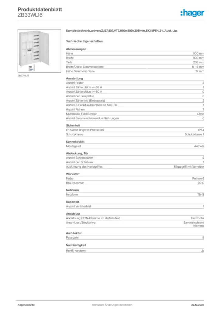 Bild Hager Produktdatenblatt ZB33WL16 | Hager Deutschland