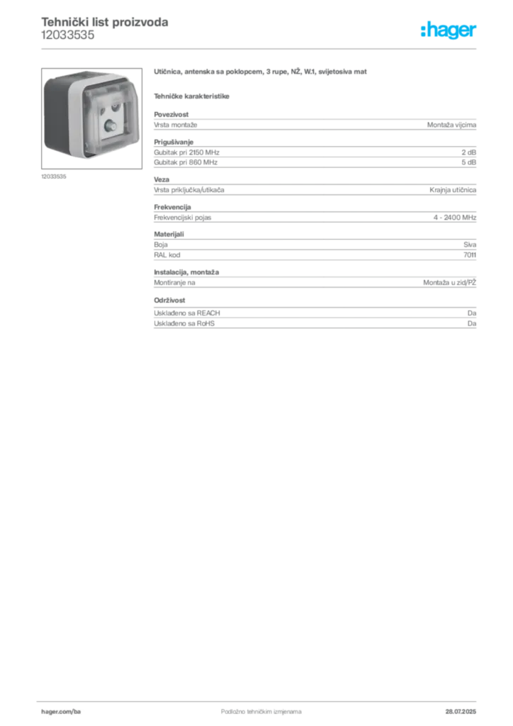 Slika Hager Product data sheet 12033535  | Hager