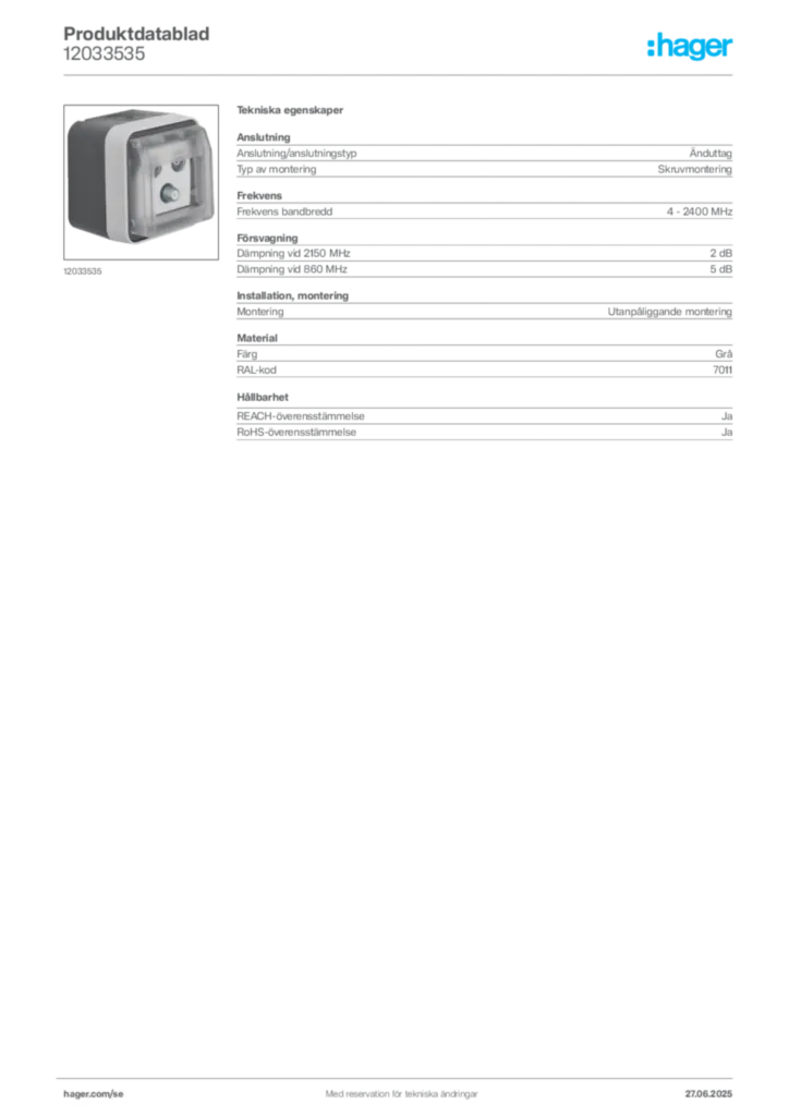 Bild Hager Produktdatablad 12033535 | Hager Sverige