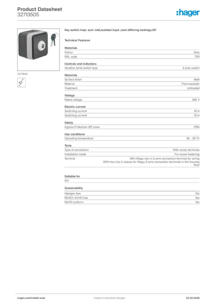 Image Hager Product data sheet 32713505  | Hager