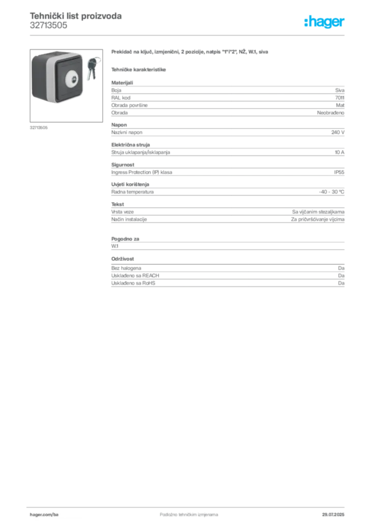 Slika Hager Product data sheet 32713505  | Hager