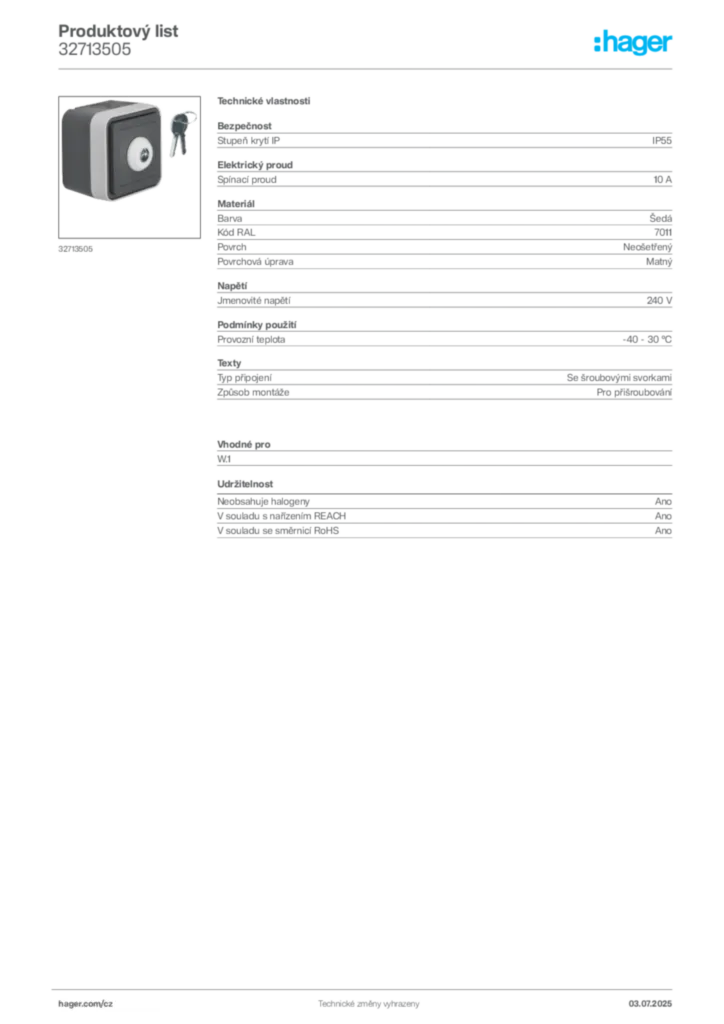 Obrázek Hager Produktový list 32713505 | Hager
