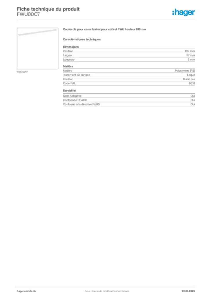 Image Hager Fiche technique du produit FWU00C7 | Hager Suisse