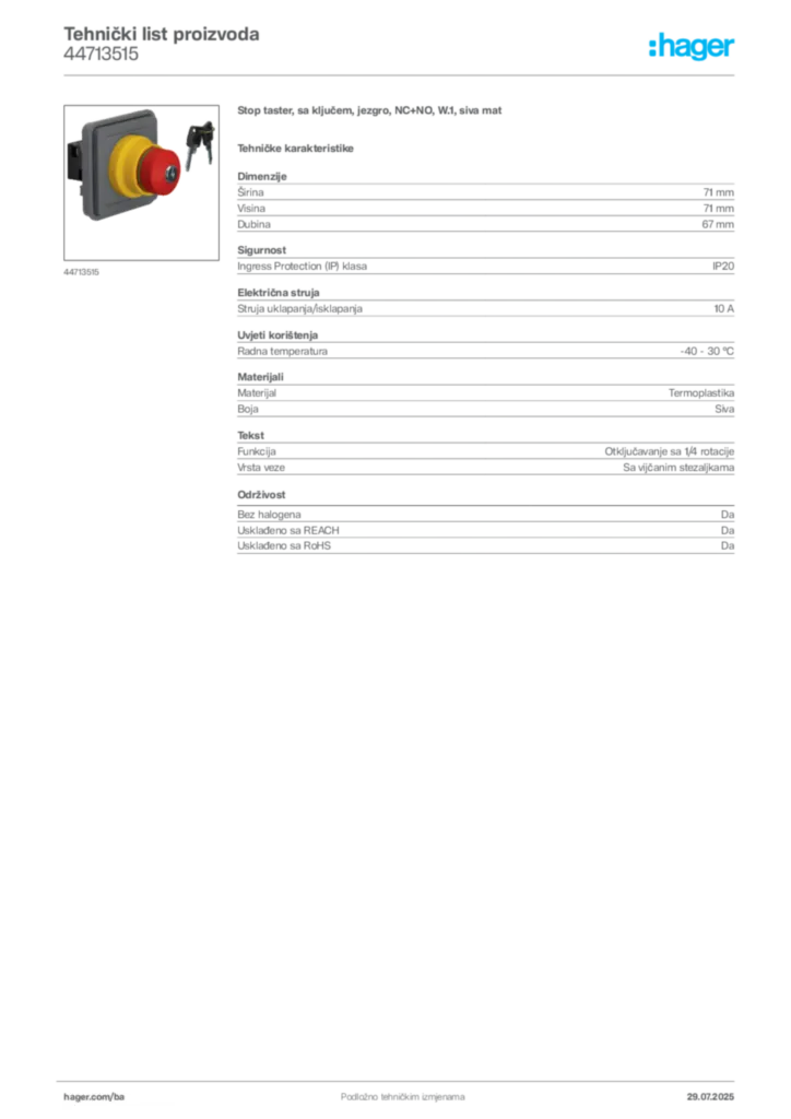 Slika Hager Product data sheet 44713515  | Hager