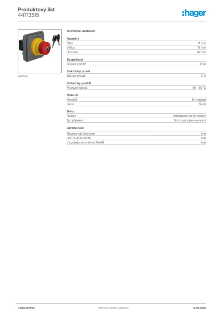 Obrázek Hager Product data sheet 44713515 | Hager