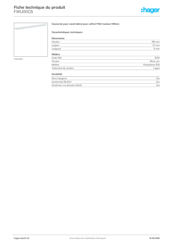 Image Hager Fiche technique du produit FWU00C5 | Hager Suisse