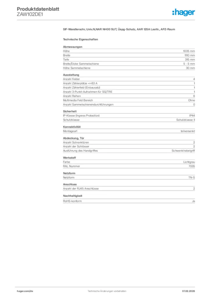Bild Hager Produktdatenblatt ZAW102DE1 | Hager Deutschland