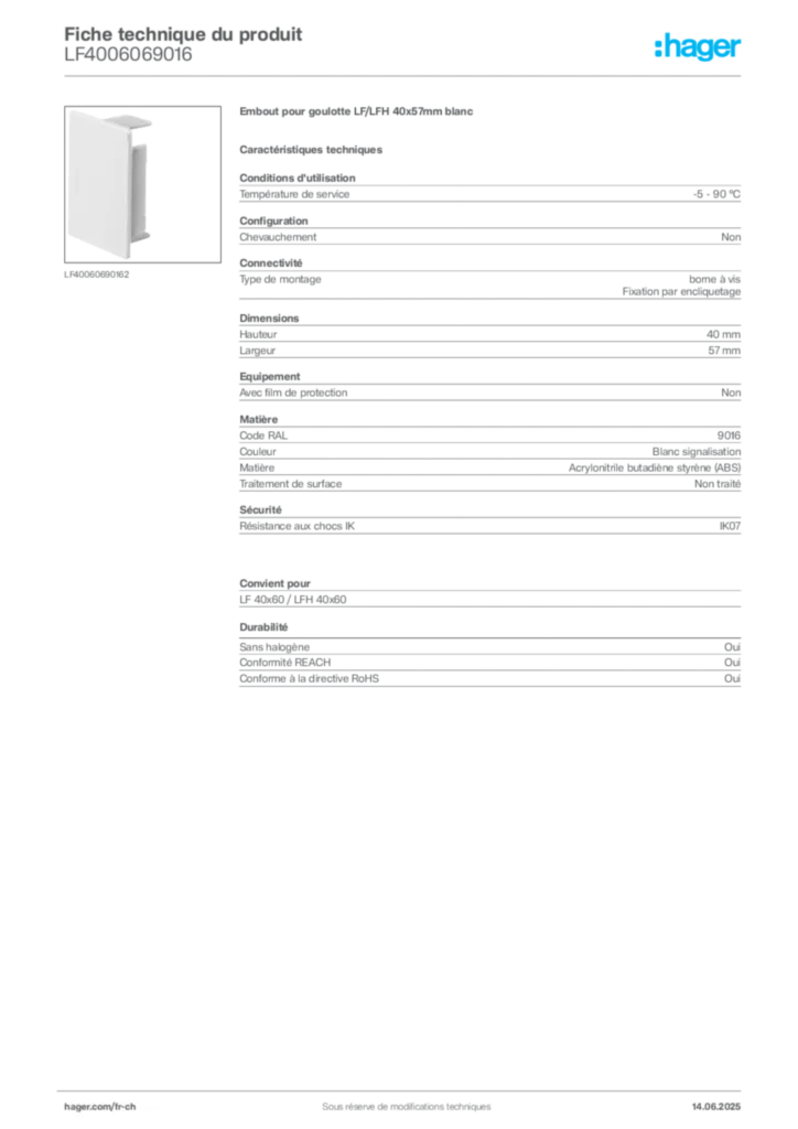 Image Hager Fiche technique du produit LF4006069016 | Hager Suisse