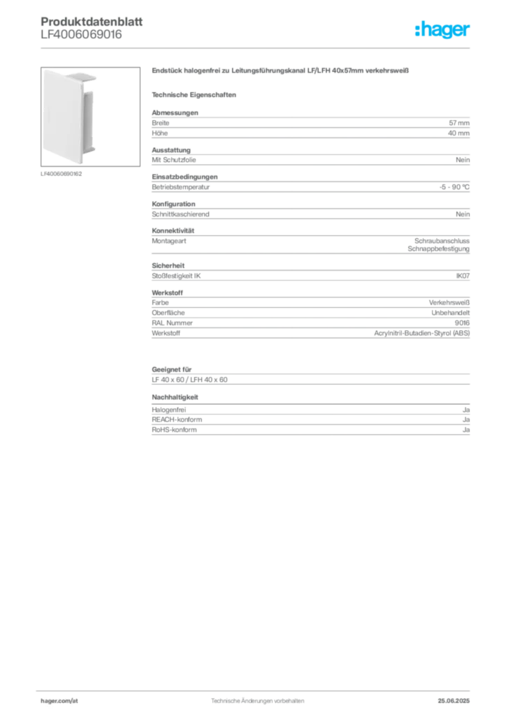 Bild Hager Produktdatenblatt LF4006069016 | Hager Deutschland