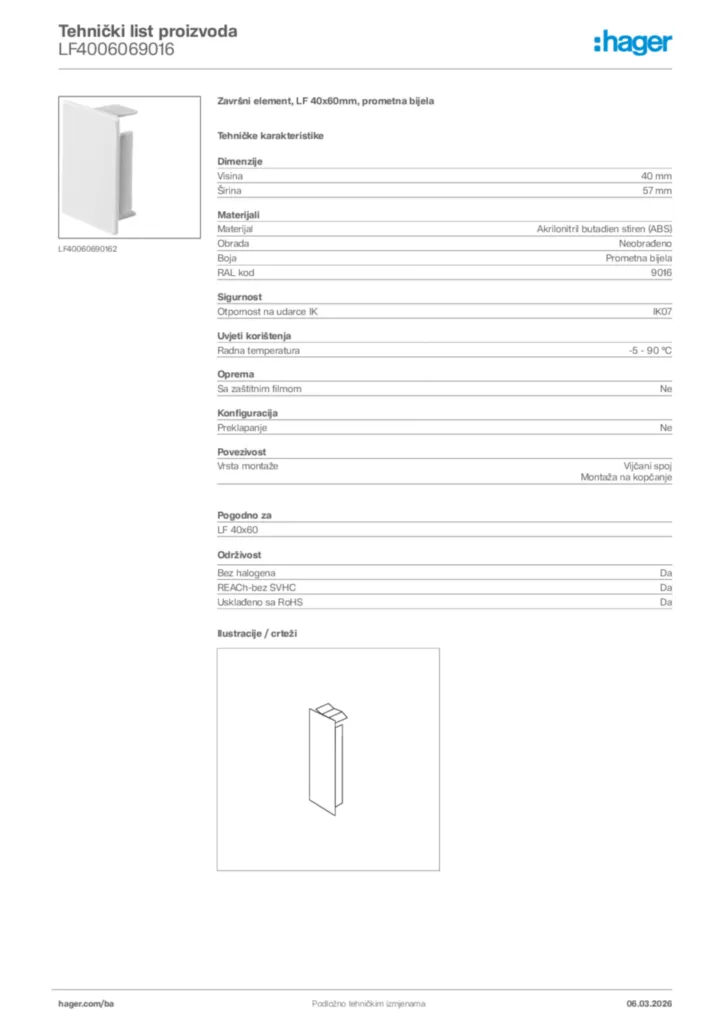 Slika Hager Tehnički list proizvoda LF4006069016  | Hager