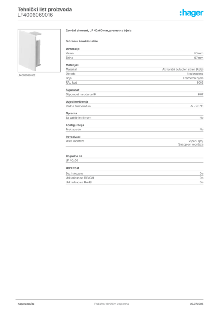 Slika Hager Product data sheet LF4006069016  | Hager