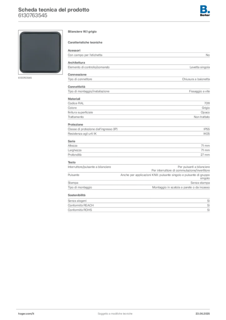 Immagine Berker Scheda tecnica del prodotto 6130763545 | Hager Italia