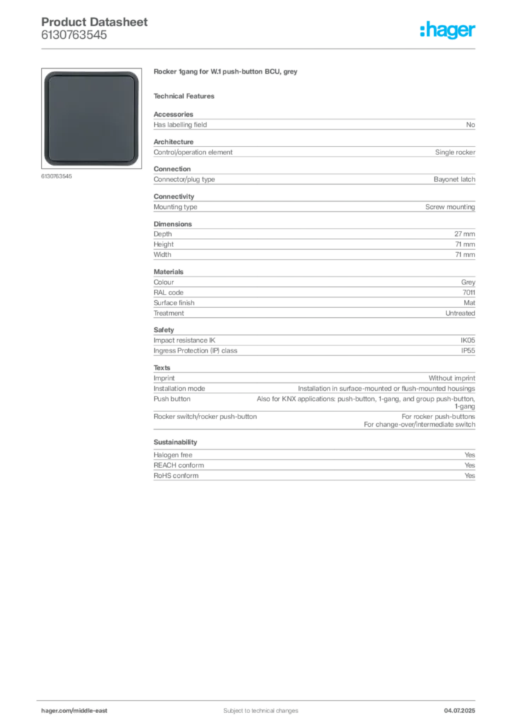 Image Hager Product data sheet 6130763545  | Hager