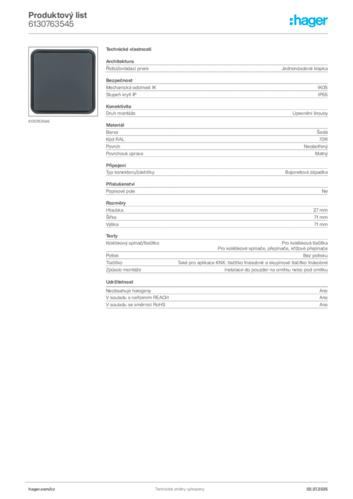 Obrázek Hager Produktový list 6130763545 | Hager