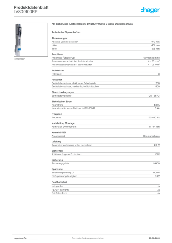 Bild Hager Produktdatenblatt LVS00100RP | Hager Deutschland