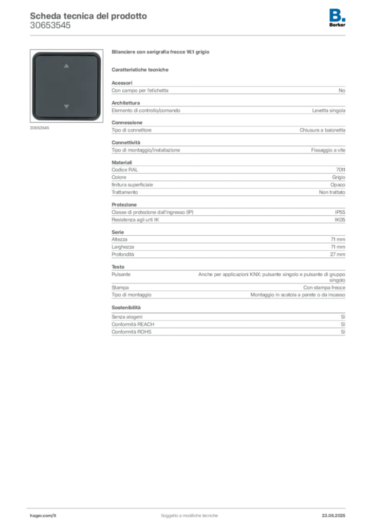 Immagine Berker Scheda tecnica del prodotto 30653545 | Hager Italia
