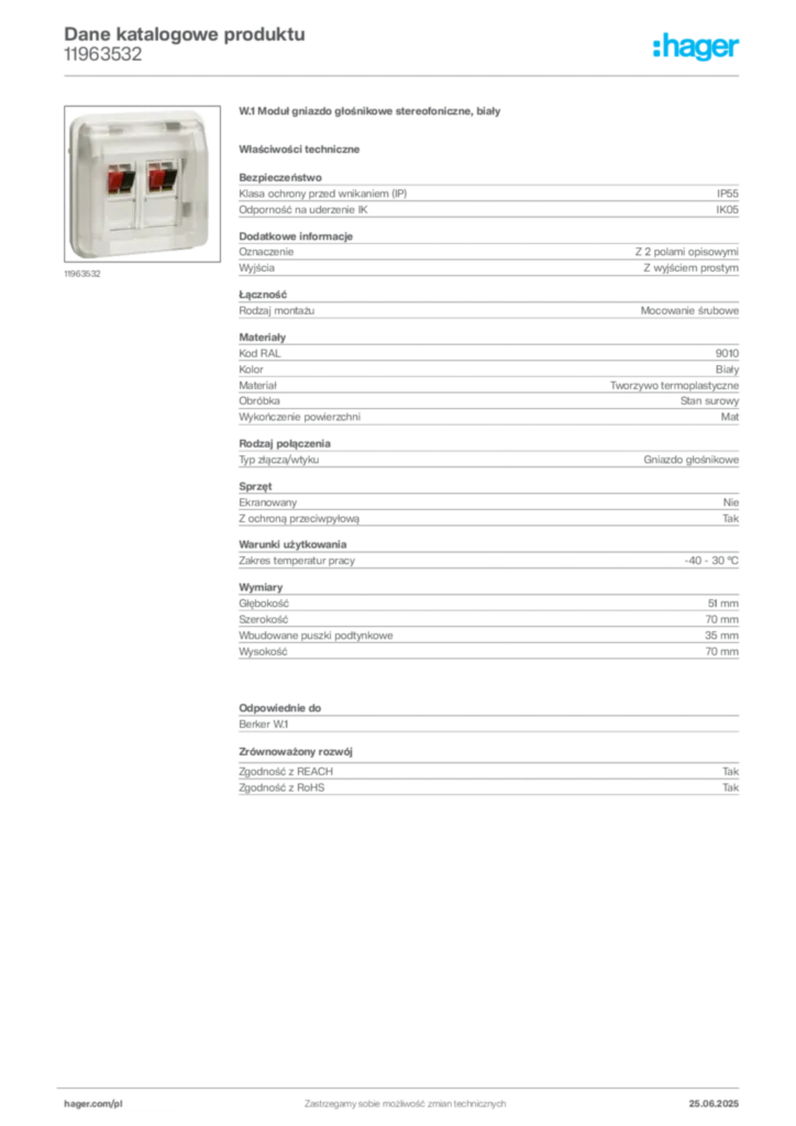 Zdjęcie Hager Dane katalogowe produktu 11963532 | Hager Polska