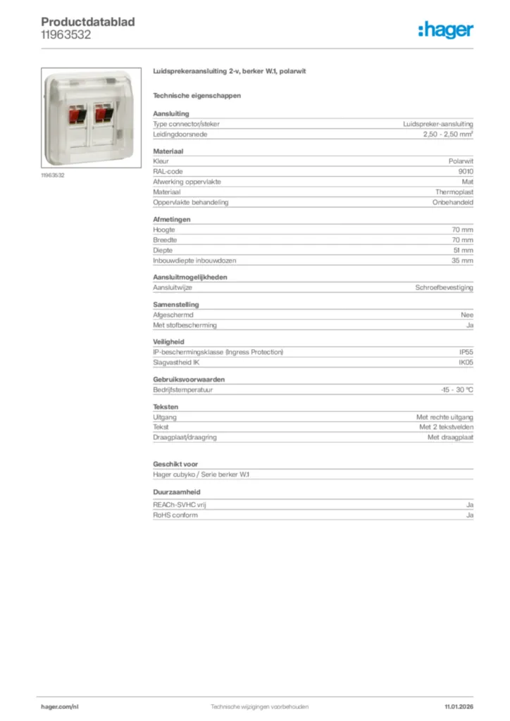 Afbeelding Hager Productdatablad 11963532 | Hager Nederland