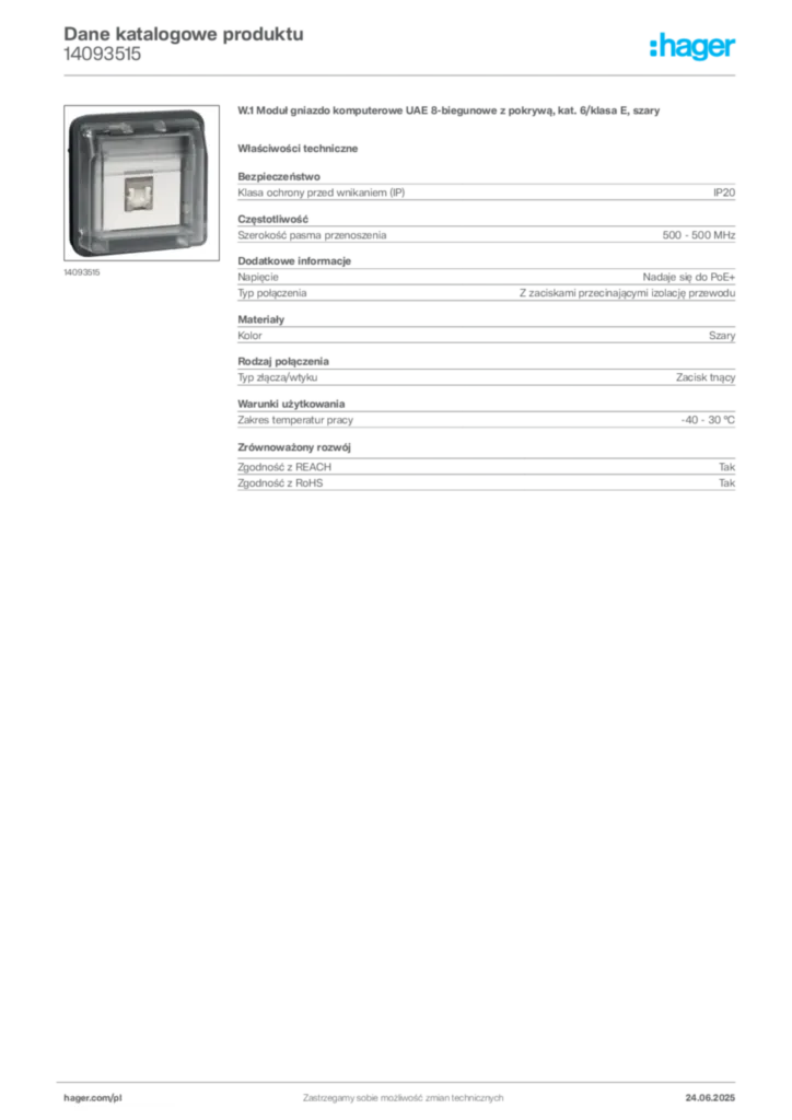 Zdjęcie Hager Product data sheet 14093515 | Hager Polska
