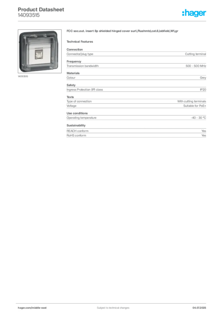 Image Hager Product data sheet 14093515  | Hager