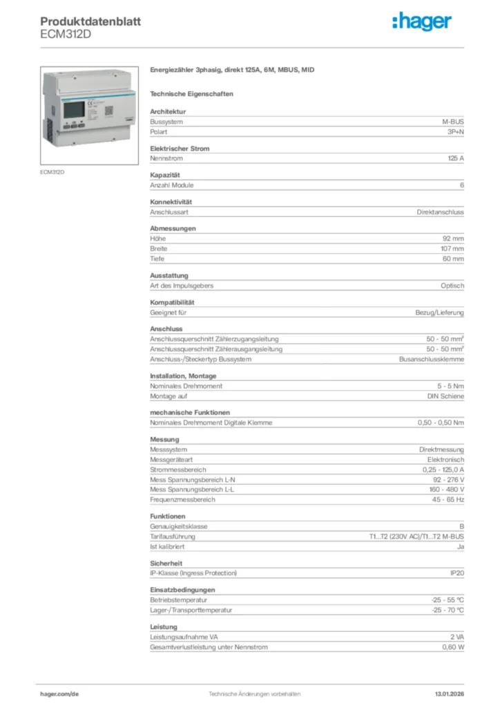 Bild Hager Produktdatenblatt ECM312D | Hager Deutschland