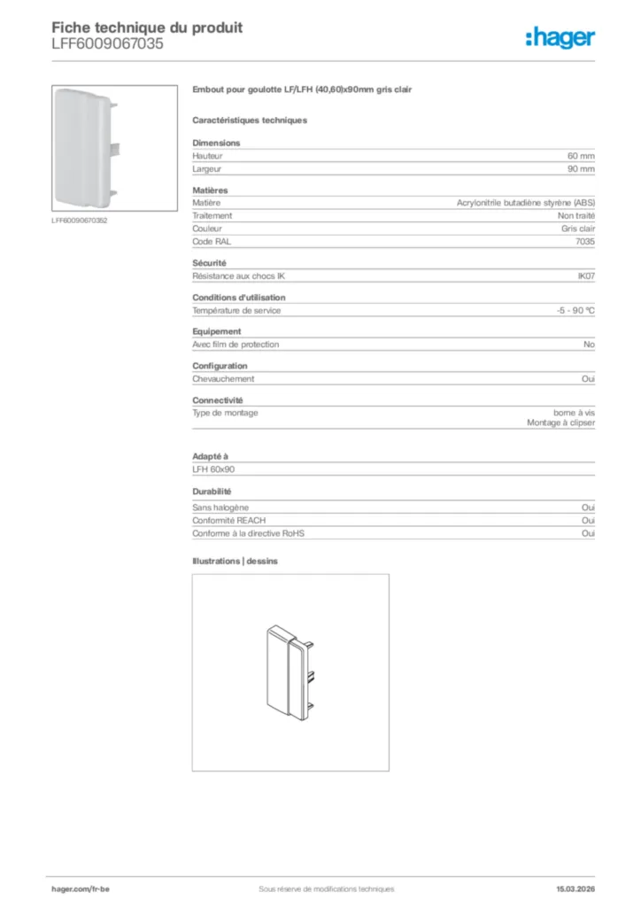 Image Hager Fiche technique du produit LFF6009067035 | Hager Belgique