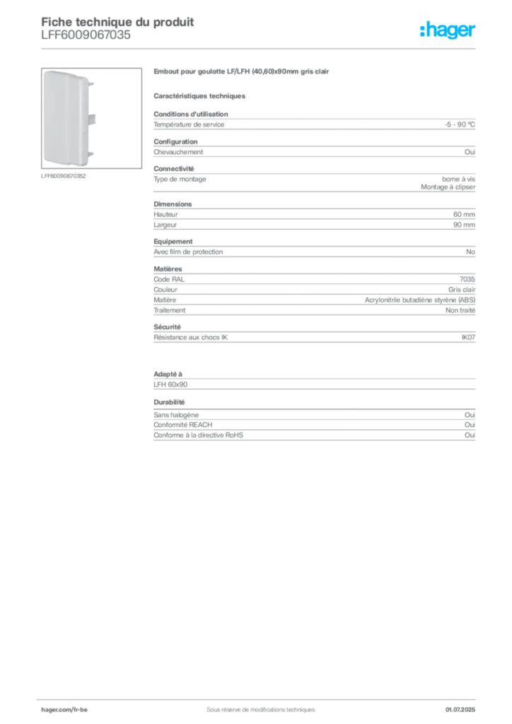 Image Hager Fiche technique du produit LFF6009067035 | Hager Belgique