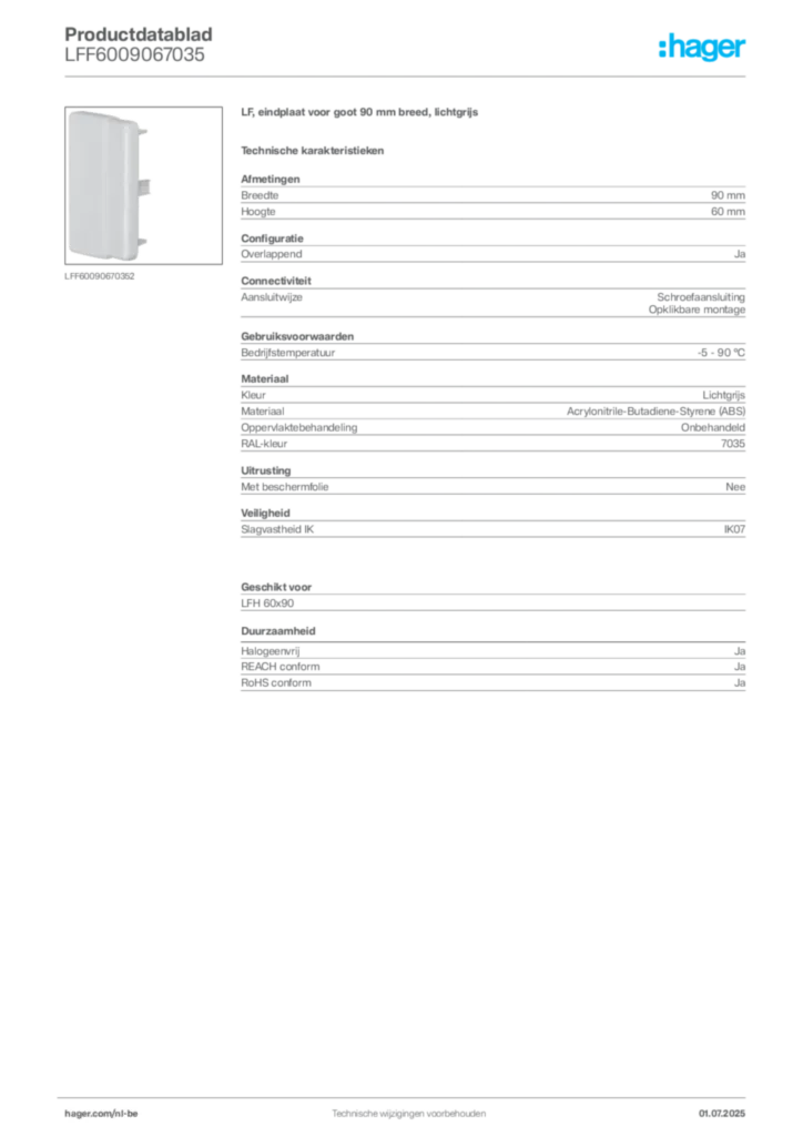 Afbeelding Hager Productdatablad LFF6009067035 | Hager Belgium