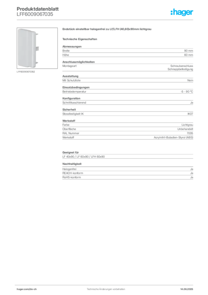 Bild Hager Produktdatenblatt LFF6009067035 | Hager Schweiz