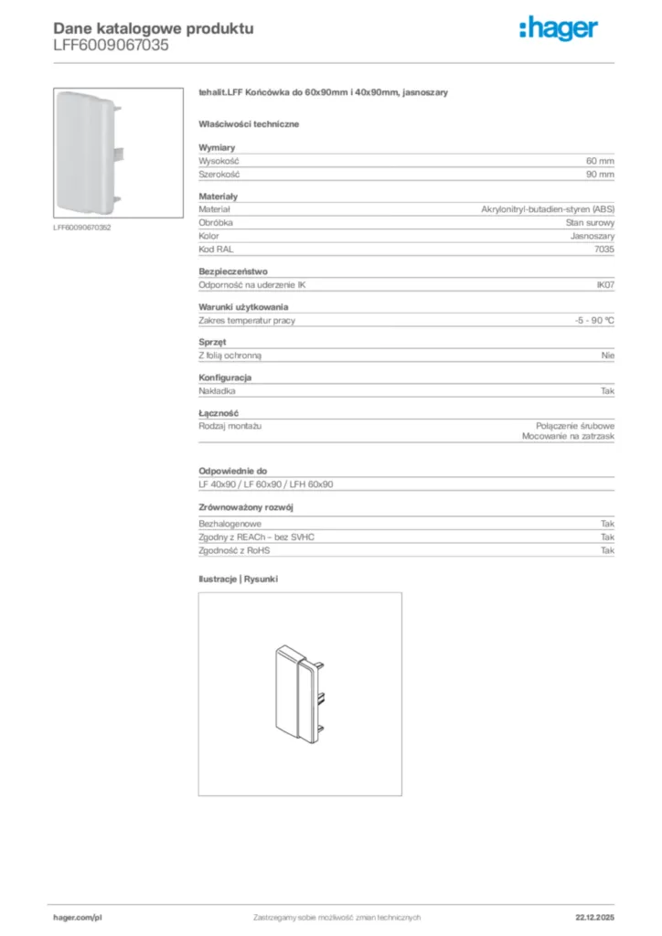 Zdjęcie Hager Dane katalogowe produktu LFF6009067035 | Hager Polska