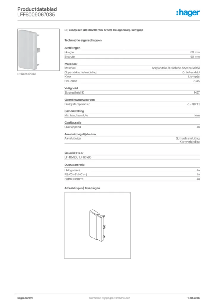 Afbeelding Hager Productdatablad LFF6009067035 | Hager Nederland