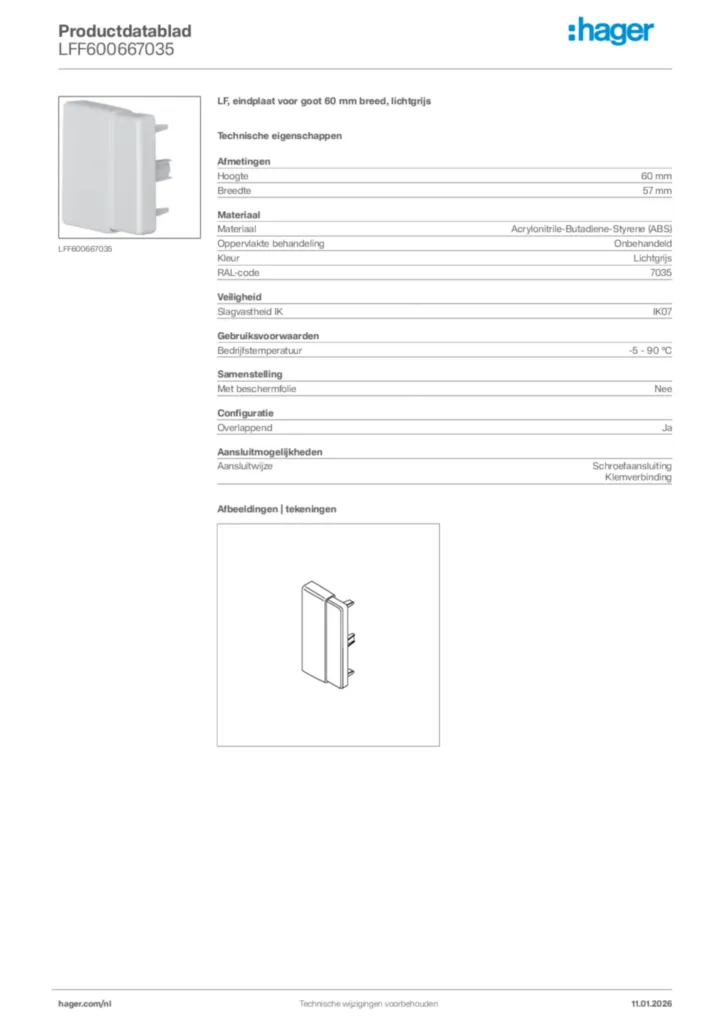 Afbeelding Hager Productdatablad LFF600667035 | Hager Nederland