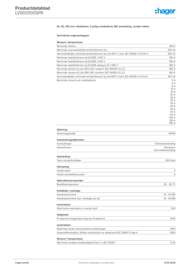 Afbeelding Hager Productdatablad LVS00100SPX | Hager Nederland