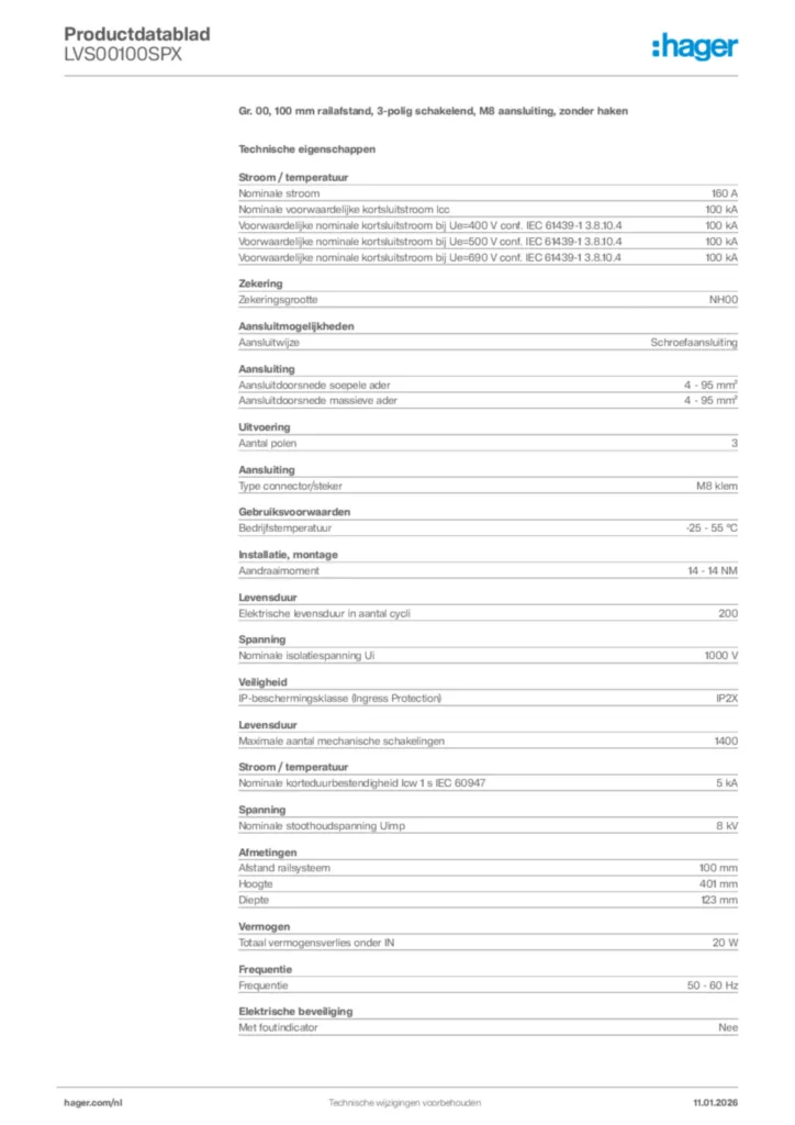 Afbeelding Hager Productdatablad LVS00100SPX | Hager Nederland