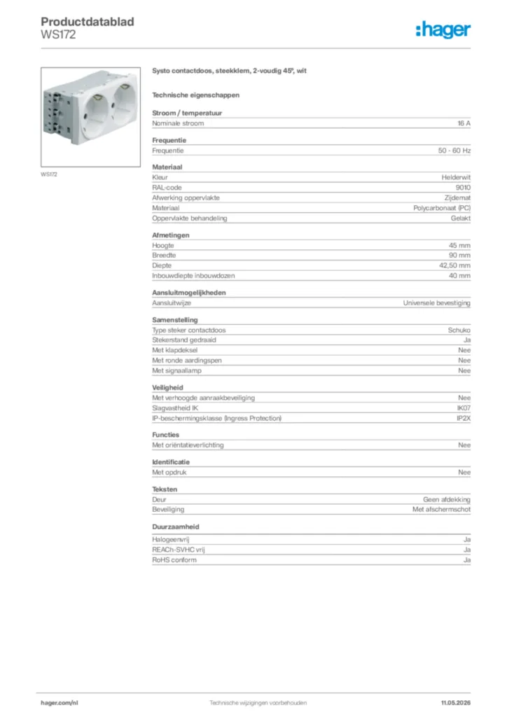 Afbeelding Hager Productdatablad WS172 | Hager Nederland