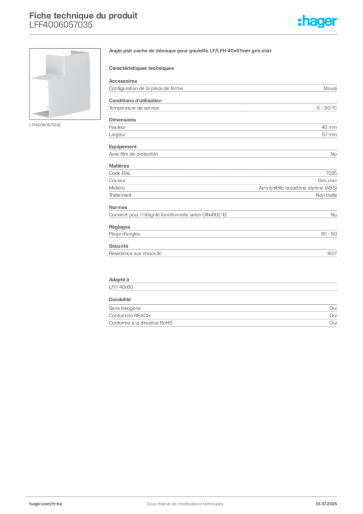 Image Hager Fiche technique du produit LFF4006057035 | Hager Belgique