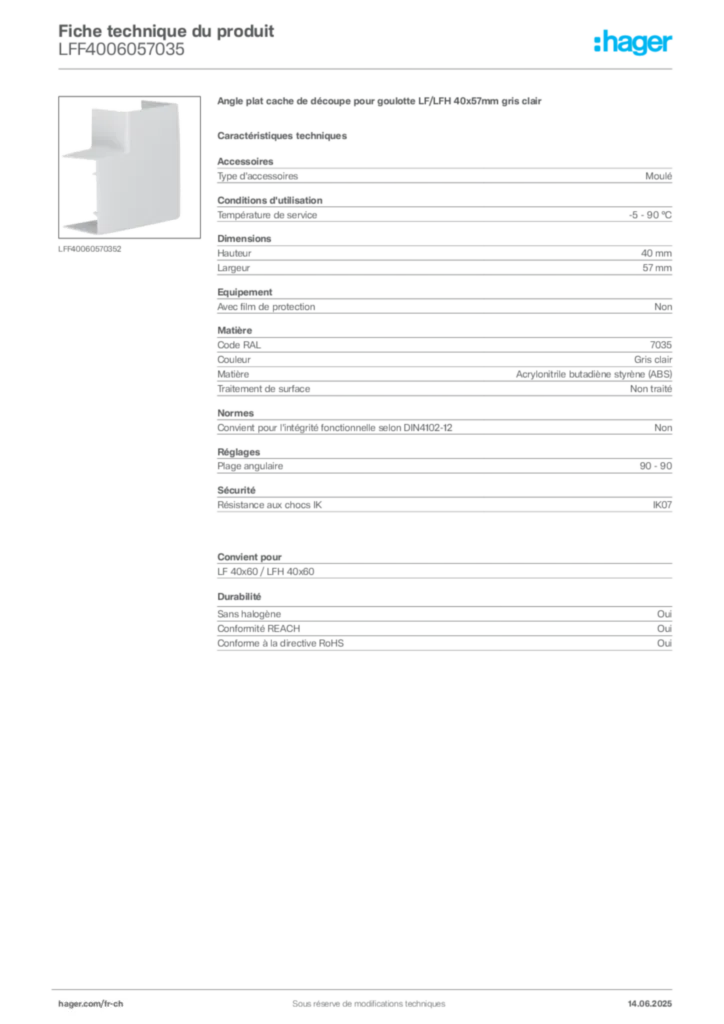 Image Hager Fiche technique du produit LFF4006057035 | Hager Suisse