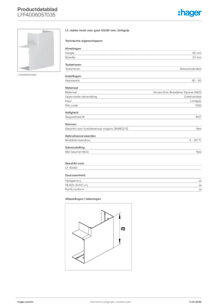 Afbeelding Hager Productdatablad LFF4006057035 | Hager Nederland
