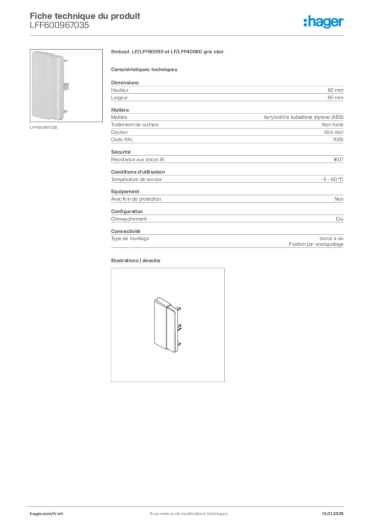 Image Hager Fiche technique du produit LFF600967035 | Hager Suisse