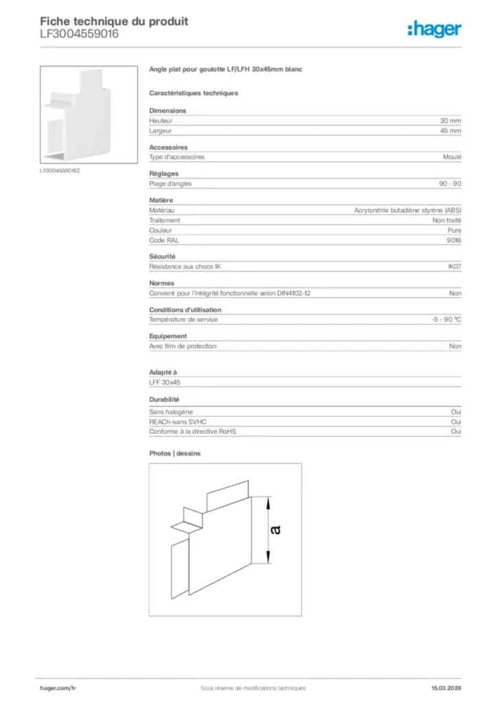 Image Hager Fiche technique du produit LF3004559016 | Hager France