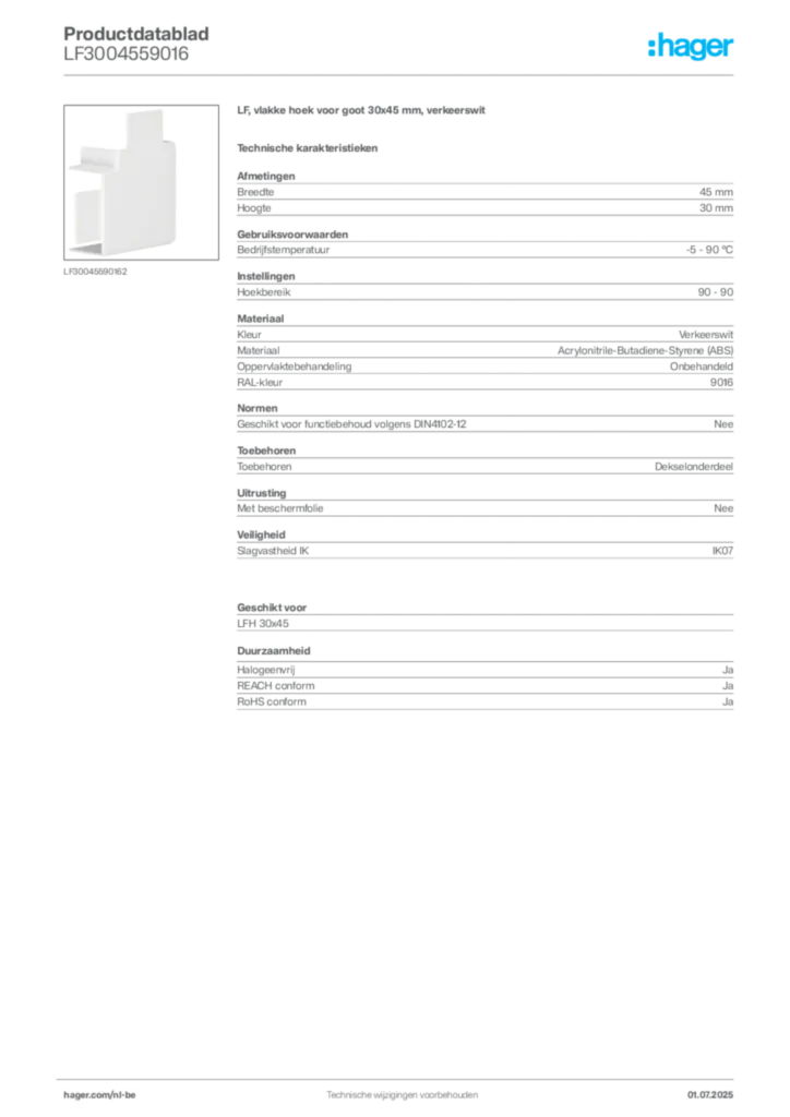 Afbeelding Hager Productdatablad LF3004559016 | Hager Belgium