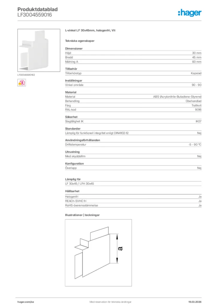 Bild Hager Produktdatablad LF3004559016 | Hager Sverige
