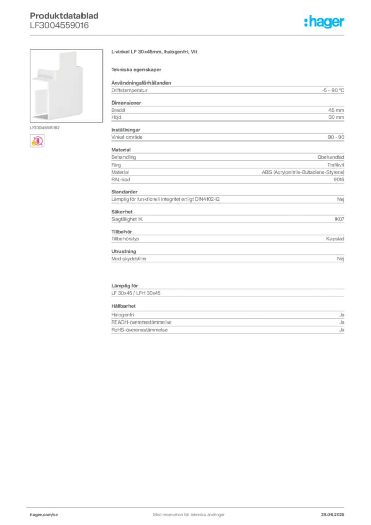 Bild Hager Produktdatablad LF3004559016 | Hager Sverige