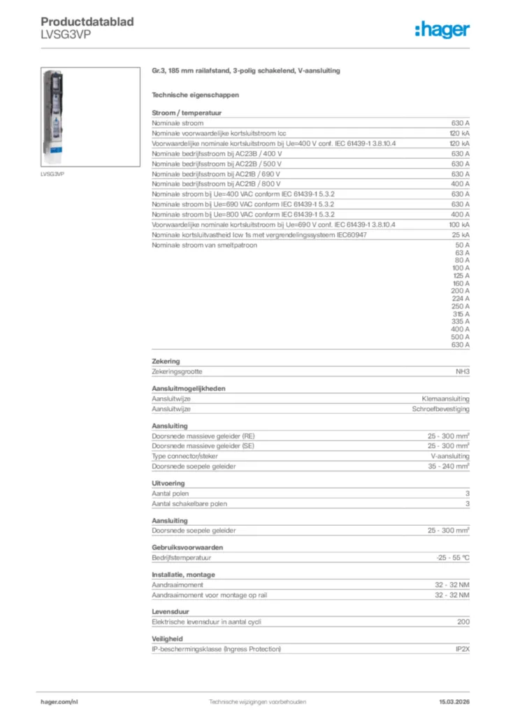 Afbeelding Hager Productdatablad LVSG3VP | Hager Nederland