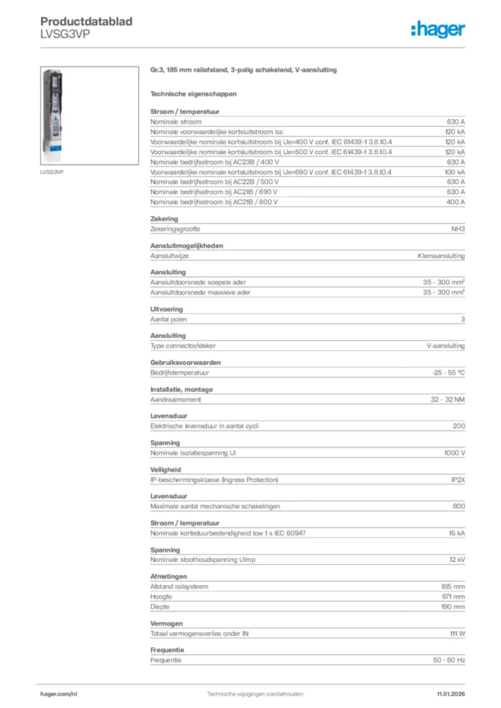 Afbeelding Hager Productdatablad LVSG3VP | Hager Nederland