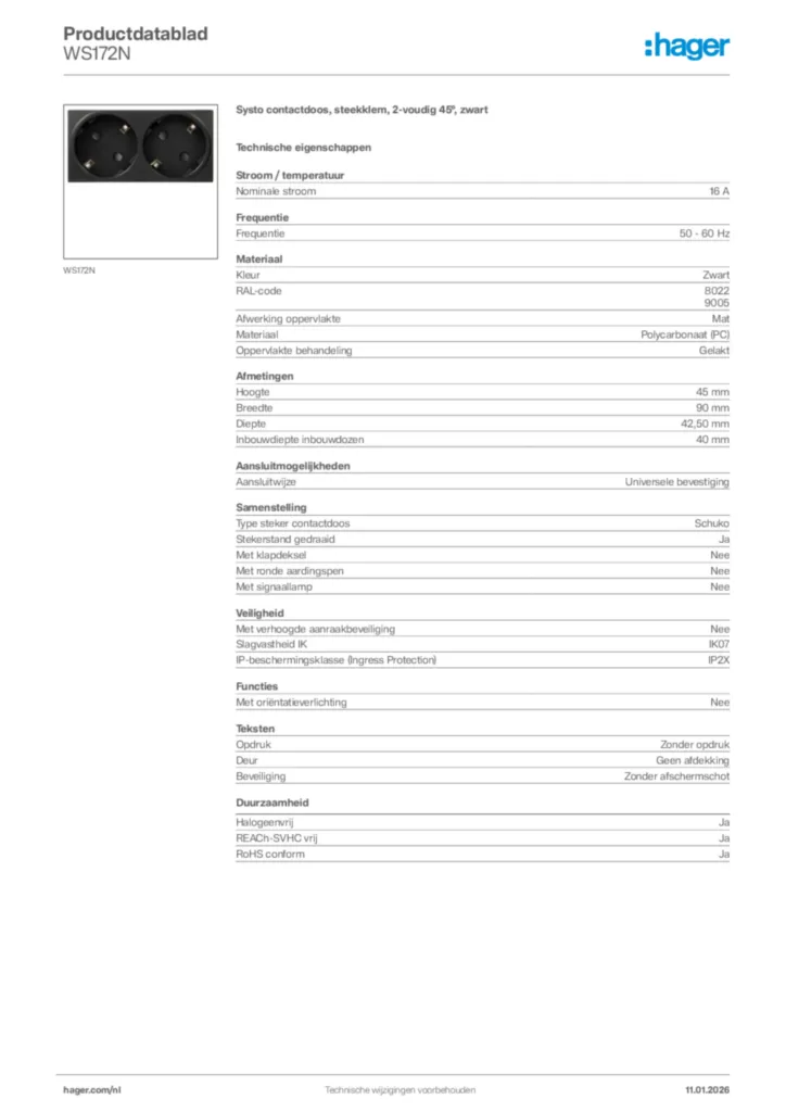 Afbeelding Hager Productdatablad WS172N | Hager Nederland