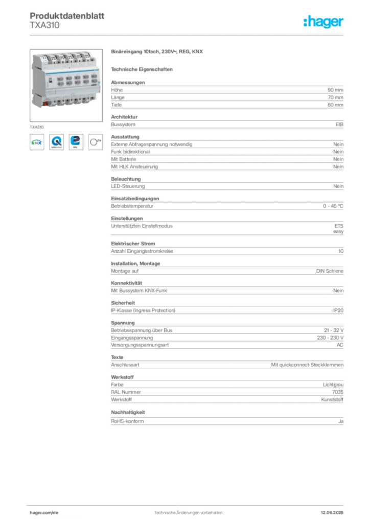 Bild Hager Produktdatenblatt TXA310 | Hager Deutschland
