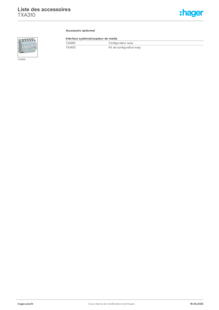 Image Hager Fiche technique du produit TXA310 | Hager France