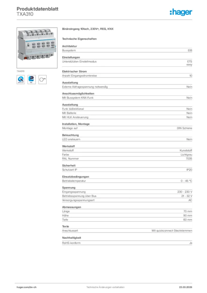 Bild Hager Produktdatenblatt TXA310 | Hager Schweiz