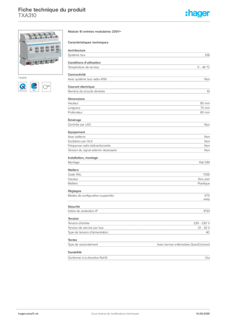 Image Hager Fiche technique du produit TXA310 | Hager Suisse